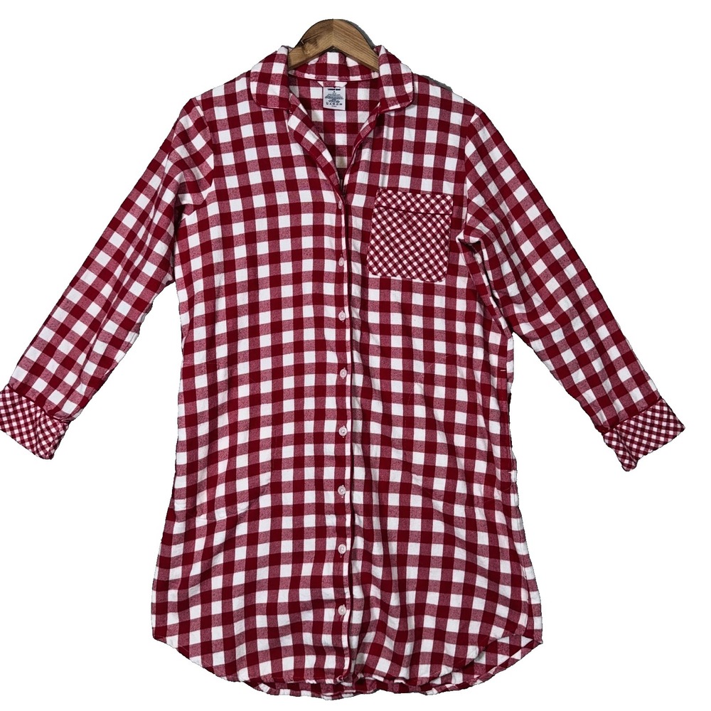 Lands End Night‎ Gown Women's Medium Red White Check Flannel Sleep Shirt Pockets